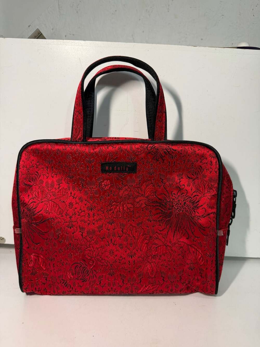 Modella Red Floral Brocade Cosmetic Makeup Bag Set